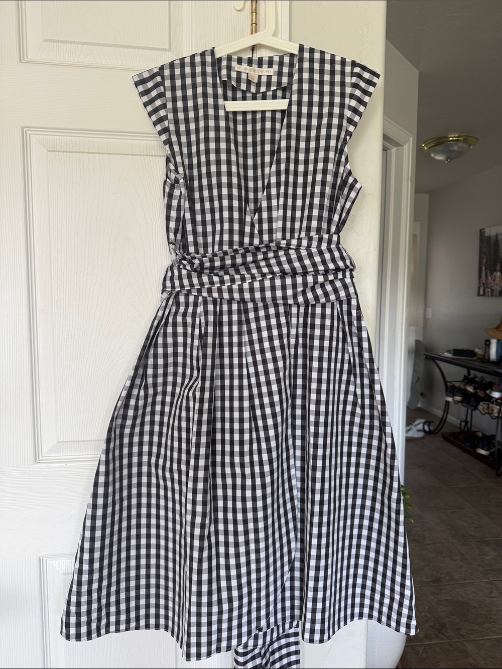 Boston Proper Black and White Gingham Wrap Waist Dress